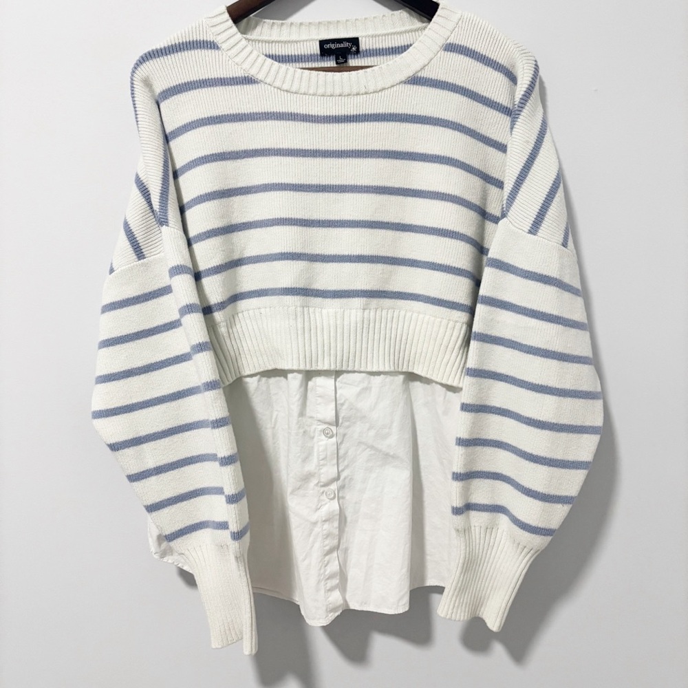 Originality Striped Sweater with Layered Shirt Womens Size Large Preppy Coastal